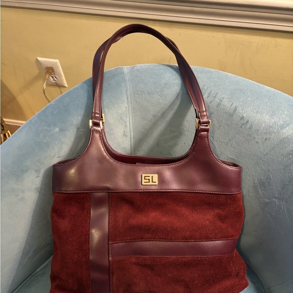 Red Leather and Suede Shoulder Bag with Gold Accents